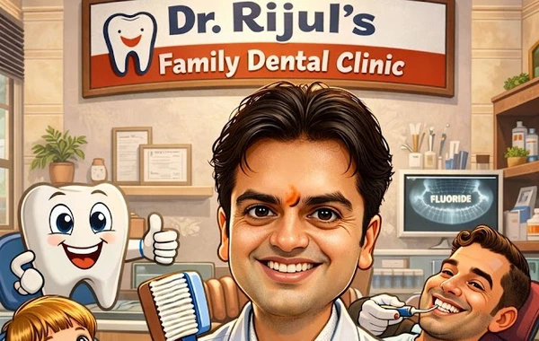 Child-friendly dental mascot illustration welcoming families